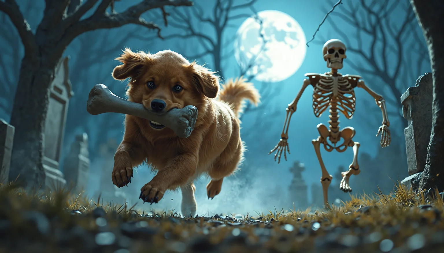 A mischievous golden retriever sprinting through a moonlit graveyard, its jaws clenched around a gleaming white femur. The dog's fur is slightly disheveled, eyes glinting with playful determination. Hot on its heels, a skeleton hobbles comically on one leg, arm outstretched in desperation. The skeleton's bones are ivory-colored with a subtle sheen, joints clacking as it hops awkwardly after the canine thief. Tombstones and gnarled trees loom in the background, bathed in eerie blue moonlight. Wispy tendrils of ground fog curl around the base of the graves. The scene is rendered in a semi-realistic style, with focus on the detailed textures of fur and bone. Shadows are sharp and contrasting, emphasizing the subjects' silhouettes against the misty graveyard backdrop