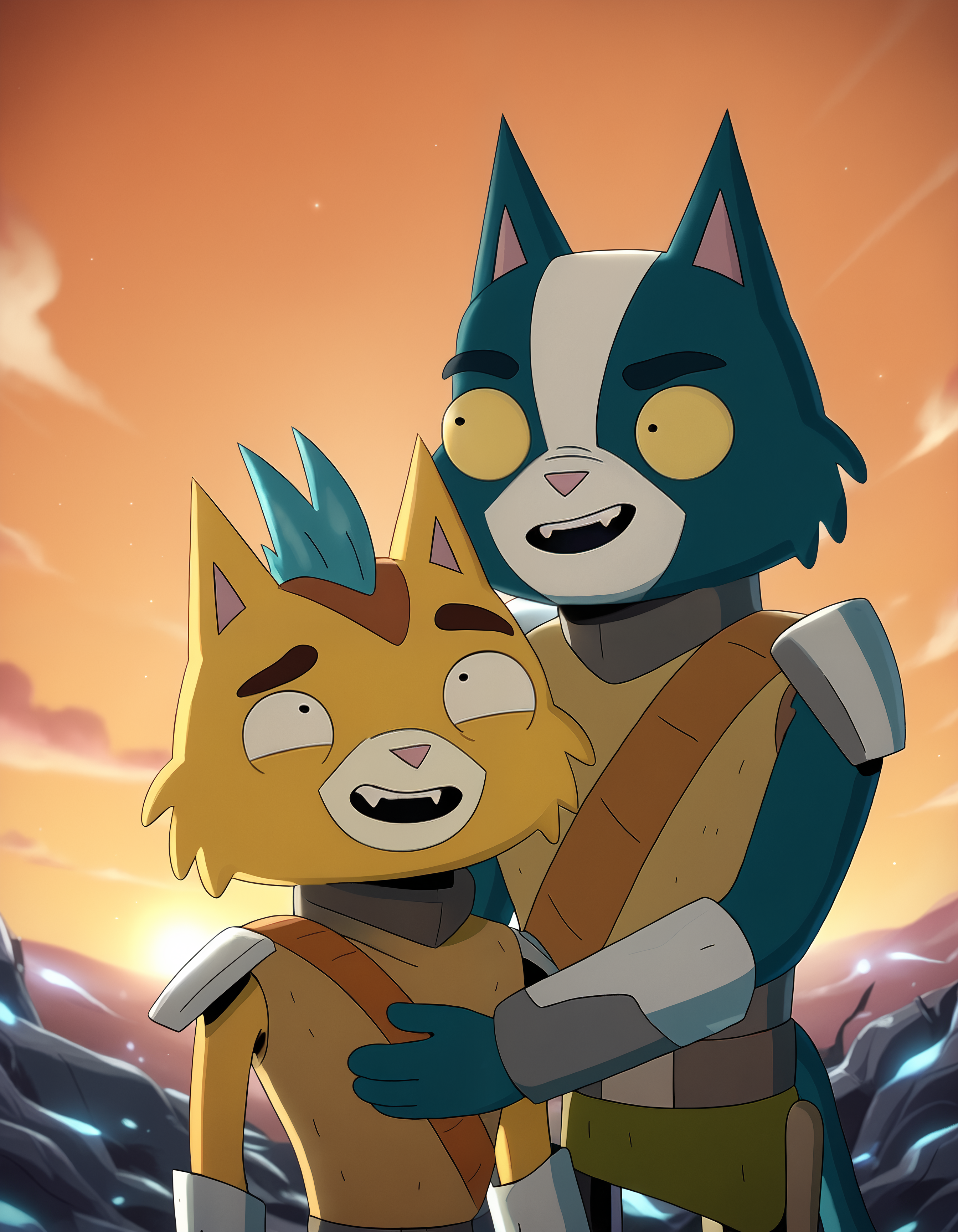 score_9, score_8_up, score_7_up, rating_safe,  detailed, <lora:add-detail-xl:1>, dutch angle, anthro, detailed body, hi res, hug, looking to another, <lora:Little_Cato_Final_Space:1>, <lora:Avocato_Final_Space:1>, av0cato, cat, multiple boys, 2boys, animal ears, furry male, open mouth, sky, furry, fangs, colored sclera, male focus, outdoors, cloud, cat ears, orange sky, armor, yellow eyes, sunset, black eyes, cat boy, yellow sclera, sleeveless, standing, smile, looking at another, teeth BREAK little cato, white sclera, yellow fur, blue hair, lens flare (detailed background, starship:1.25)