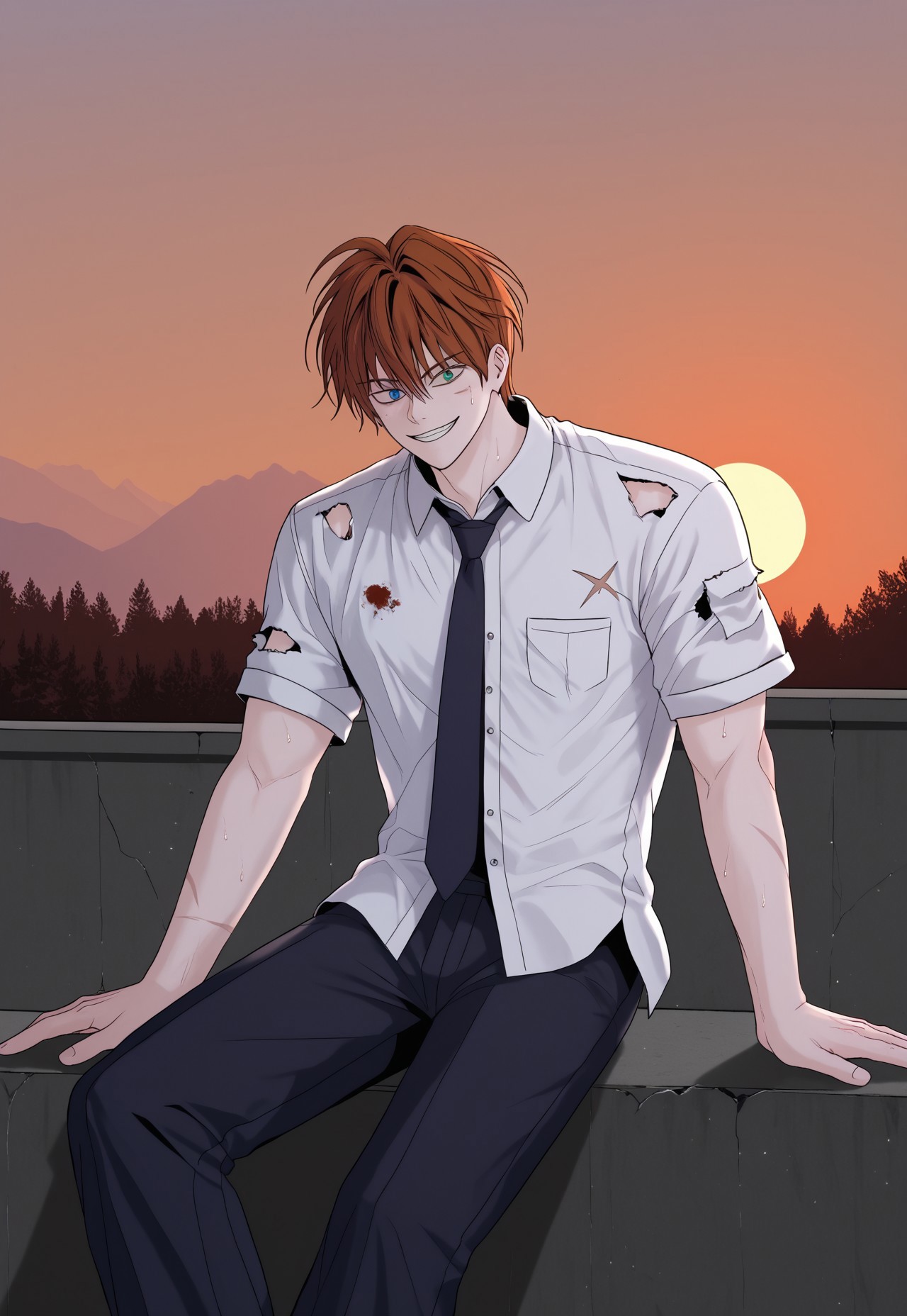 safe_pos, score_9, score_8_up, score_7_up, score_6_up, source_anime, 2d, 1boy, sweaty, smirk, sluttish, lewd, athletic build, abs, pecs, <lora:add_detail:0.3>, handsome blue and green eyes boy, athletic body, full scars, manly boy, male focus, solo, <lora:Chaos__Hero_Killer__Manhwa__webtoon:0.92>,  Chaos, heterochromia, blue eye, green eye, auburn hair, middle hair, scars all over the body, perfect face, (perfect face, perfect eyes:1.2), looking at viewer, bishounen, toned male, athletic build, large pectorals, abs, six pack, pecs, cute boy in his mid twenties, <lora:0917 torn student shirt_v1_pony:1>, ruanyi0917,torn clothes,school uniform,white shirt, (((sitting at edge of rooftop, legs dangling into the air))), six pack, scar all over the body, detailed hair, detailed face, detailed eyes, detailed clothes, detailed skin, ultra-detailed, (upper body), (top quality), extremely detailed, extremely detailed CG, (high resolution), highly detailed, (high quality), (perfect quality), (vibe colors), detailed mouth, detailed ears, detailed eyes, detailed clothes, detailed nose, perfect ears, two colored eyes, perfect face, detailed face, extremely detailed hair, masterpiece, best quality, muscular, high quality, UHD, 4K, Intricate Details, extremely detailed wallpaper, perfect lighting, forest background, very handsome face, evil smile, full body scar, detailed nose, heterochromia, blue eye, green eye, perfect nose, sunset, no lips, see through trunk