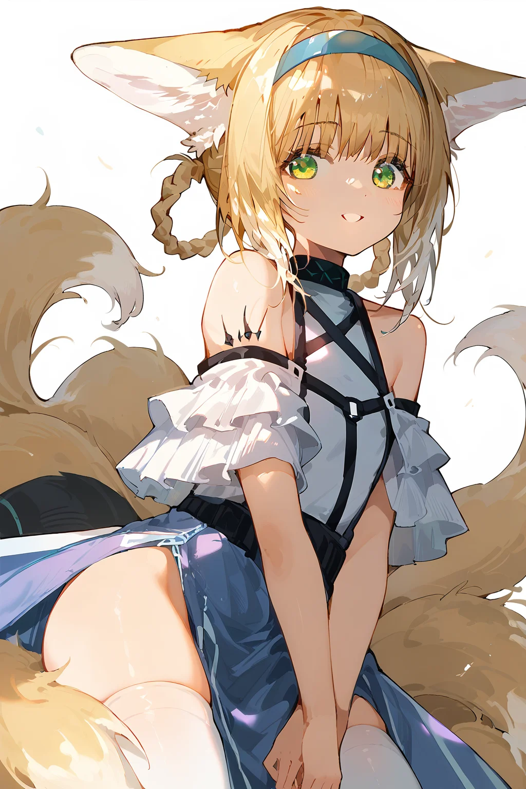 score_9,score_8_up,score_7_up,<lora:linlan(Arknights)-v1:1>,linlan(Arknights),whole body,1girl,seductive_smile,cute face,thighhighs,(white_background:1.1),curvy,very beautiful,animal ears,blonde hair,1girl,animal ears,tail,fox tail,fox ears,solo,green eyes,blonde hair,fox girl,looking at viewer,hairband,multiple tails,bare shoulders,hair rings,bangs,kitsune,blue hairband,the_pose,parted lips,looking to the side,foreshortening,incredibly absurdres,Cinematic Lighting,