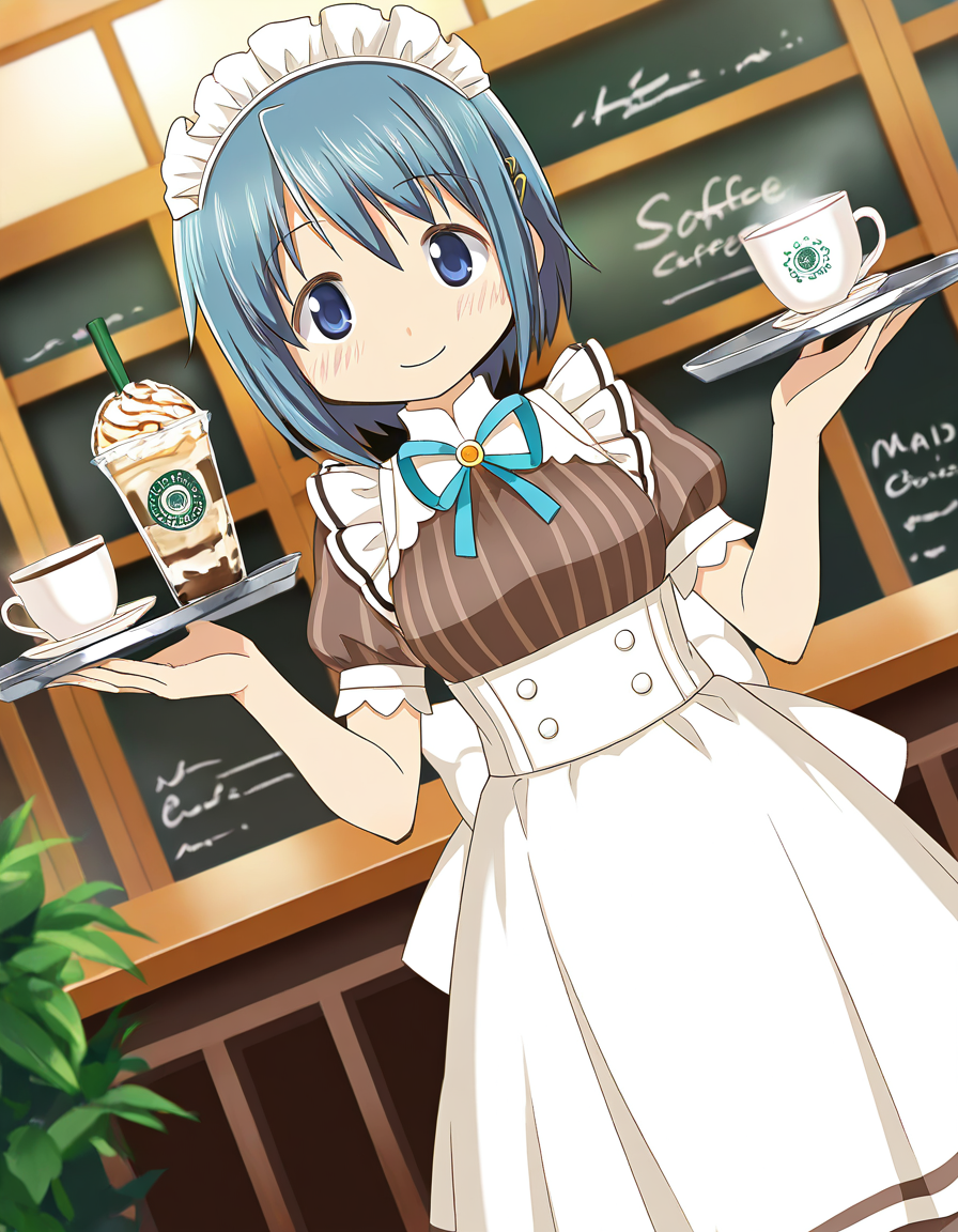 masterpiece, best quality, newest, absurdres, highres, safe, 1girl, miki sayaka \(maid costume\), magia record: mahou shoujo madoka magica gaiden, solo, tray, coffee shop, dutch angle, <lora:miki_sayaka_noobaiXLNAIXL_vPred10Version:0.7>