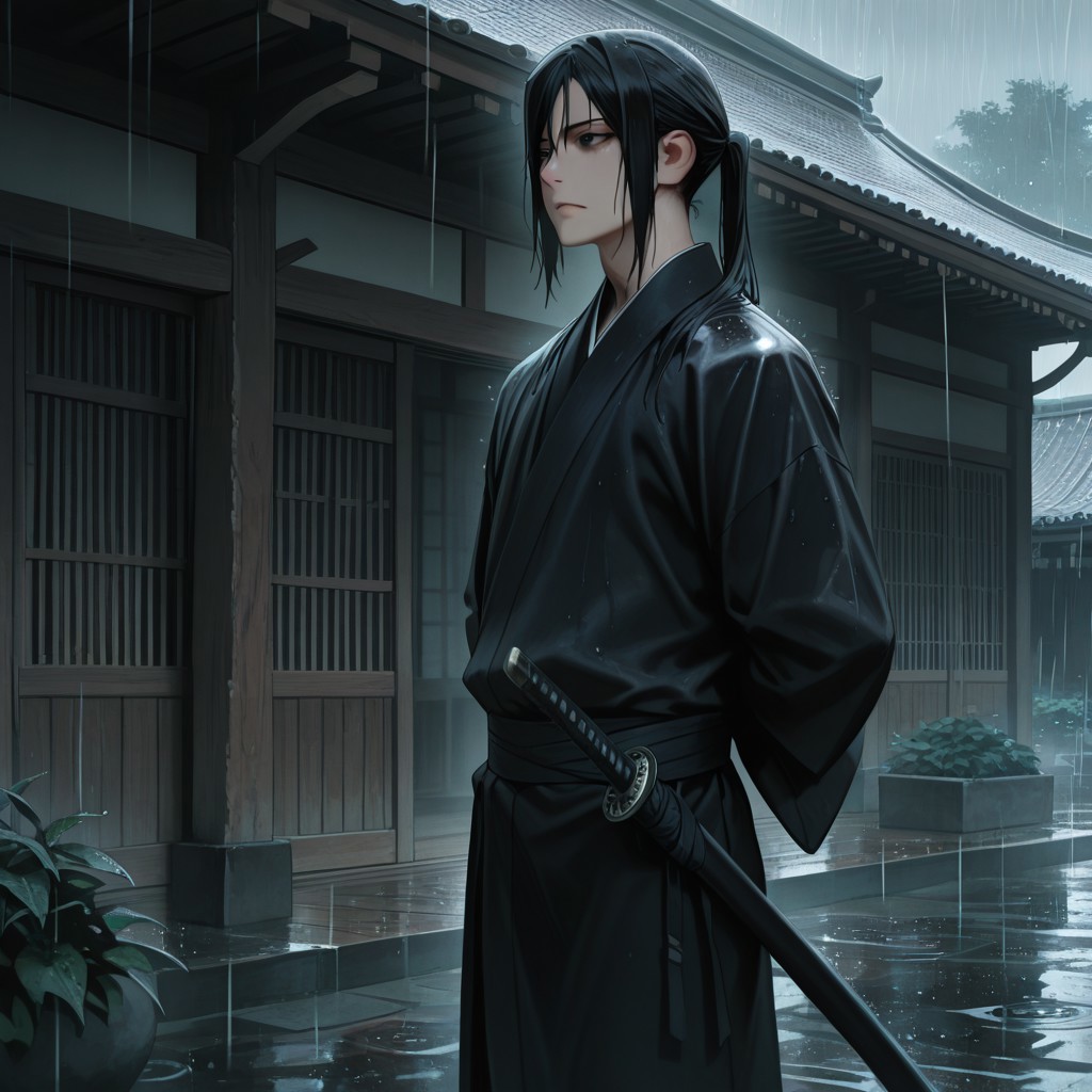 masterpiece, best quality, amazing quality, absurdres, newest, detailed background, definition so sharp, Ultra-HD, 8K cinematic, very awa, impressionate, amazing quality, highres, 
solo, male focus, manly, 
kurohyatogami, kuroh_black hair, kuroh_black eyes, 1boy, low tied hair, long hair, 
standing, hands behind back, calm posture, cool gaze, black kimono, sword on hip, rain, traditional building, serene, powerful, protective, cool, warm presence
