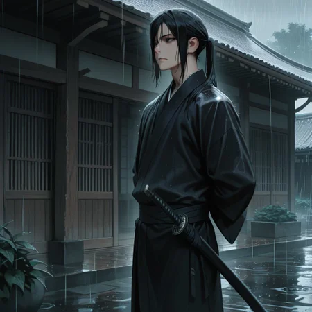 masterpiece, best quality, amazing quality, absurdres, newest, detailed background, definition so sharp, Ultra-HD, 8K cinematic, very awa, impressionate, amazing quality, highres,
solo, male focus, manly,
kurohyatogami, kuroh_black hair, kuroh_black eyes, 1boy, low tied hair, long hair,
standing, hands behind back, calm posture, cool gaze, black kimono, sword on hip, rain, traditional building, serene, powerful, protective, cool, warm presence