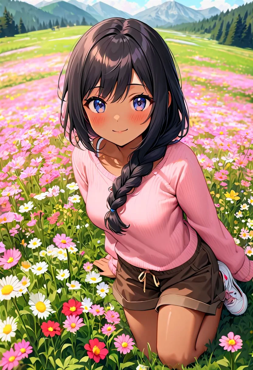 <lora:more_details:1>, drawn by master artist, tan skin, beautiful detailed skin, beautiful eyes, best quality, high quality, vivid colors, everything in sharp focus, black hair, (1 braid), dark blue eyes, full body, sitting in a field of flowers, alpine meadow, mountain background, outdoors, pink tank top, (brown shorts), sneakers, slight smile, pov from above, medium breasts,, <lora:Flower field_20230729165144:0.3>, flower field,