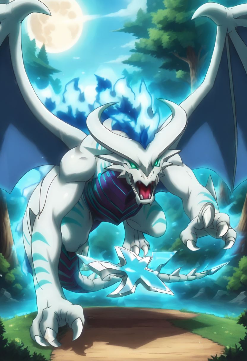 score_9_up, score_8_up, score_7_up, anime style, hd, ultra detailed, alone, full body, dragon, emerald green eyes, non-human, spirit, dragon, white western dragon, toothless and rostrum style snout, antlers with a half-moon pattern, light blue flames that go from the back of the head to the tail, a spear at the tip of the tail, background forest,