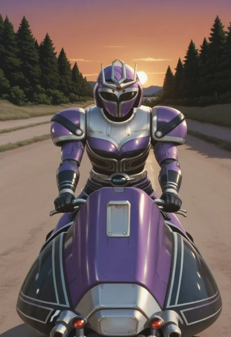 anime screencap, anime coloring,
solo, 1girl, (covered neck), BREAK
Tent0u, robot, tokusatsu, solo, armor, bodysuit, shoulder pad, belt, riding motorbike, tent0 motorbike, tent0 gun, gun_raised, outdoors, road, sunset, dramatic lighting