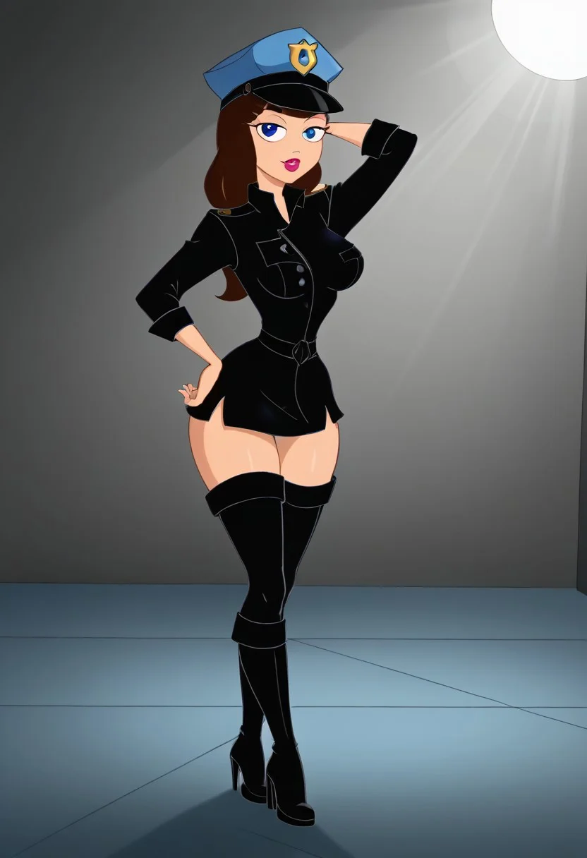 1girl,blue eyes,lipstick,solo, black jacket,long jacket, no pants, blue police hat, sexy pose,(hand on hip, hand behind head),legs together, hips,busty,thigh boots,sexy boots,on stage,spotlight