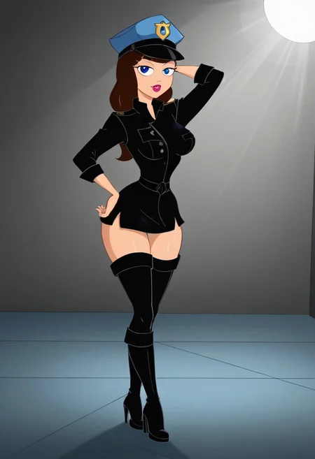 1girl,blue eyes,lipstick,solo, black jacket,long jacket, no pants, blue police hat, sexy pose,(hand on hip, hand behind head),legs together, hips,busty,thigh boots,sexy boots,on stage,spotlight