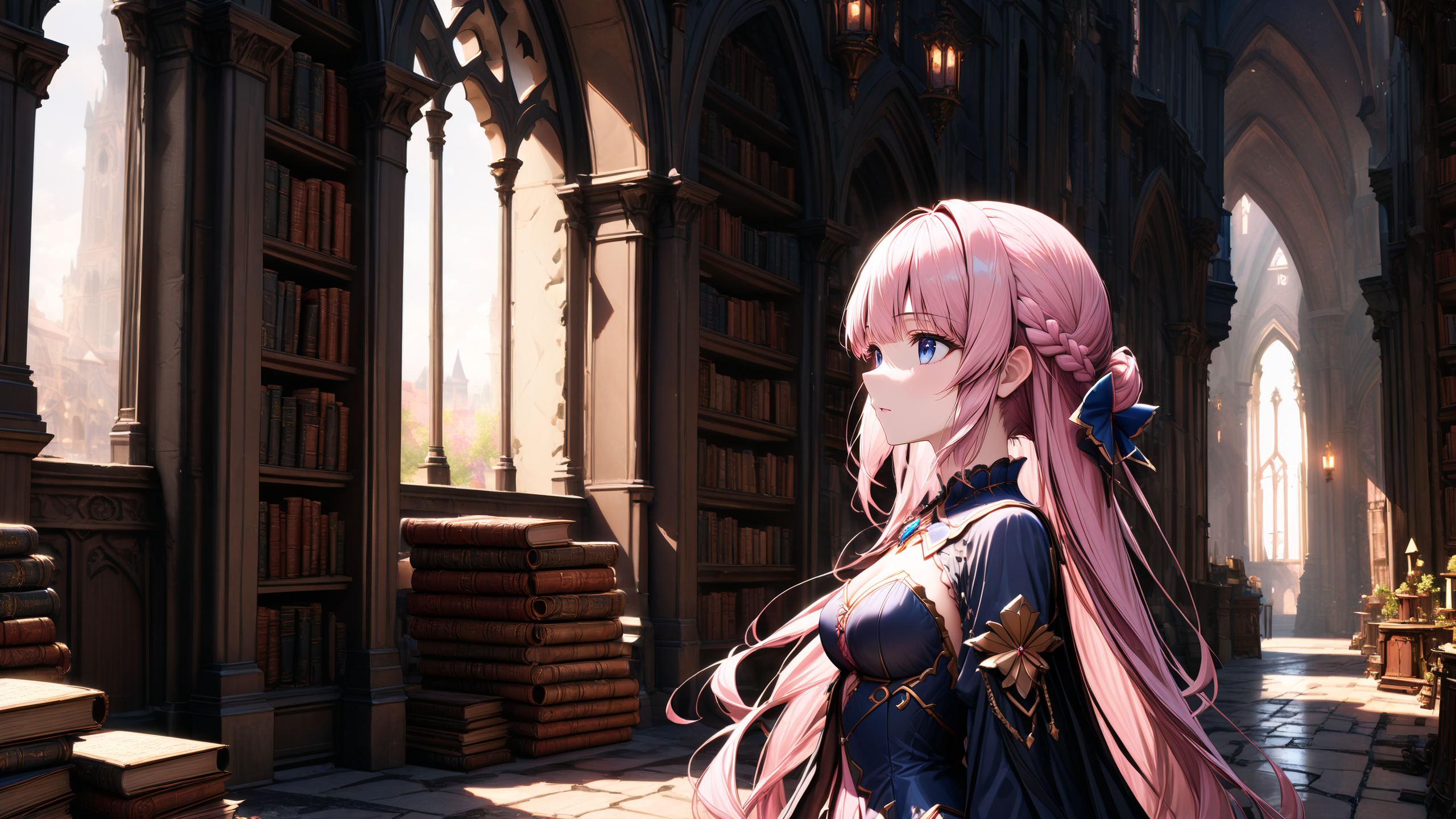 upper_body,from_side,<lora:hakaseayaka-base-02-XL:0.6>,hakaseayaka,braided hair,bangs,high detailed,ultra-detailed,a magical girl wearing a red and black robe,with pink long hair and blue eyes,searching for books inside a vast,dark,ancient castle library,8k,towering bookshelves filled with old,dusty tomes,dim candlelight casting flickering shadows,glowing magical runes floating in the air,mysterious mist creeping along the stone floor,gothic arches,enchanted atmosphere,focused expression,scattered ancient scrolls,faint glimmers of light reflecting off metallic book spinesCinematic Lighting,((masterpiece)),((best quality)),absurdres,<lora:detailed_notrigger:1>,<lora:xl_more_art-full_v1:0.8>,