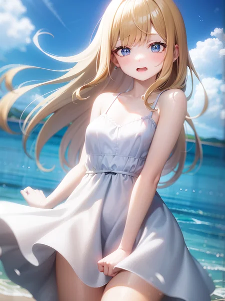 wind, wind lift, dress, dress lift, upper body, embarrassed, medium breasts, long hair, sundress, white dress, cowboy shot,