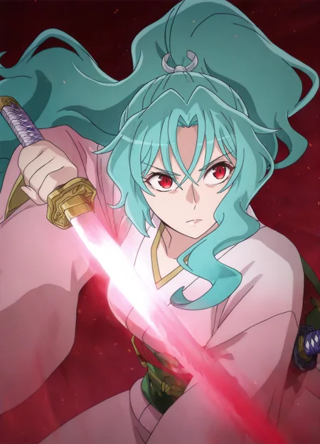 very awa,  <lora:tomaco_ill:1.0>, <lora:MLF-Tomoe_ILL_epoch_14:1.0>,  1girl, tomoe \(tsuki ga michibiku isekai douchuu\),  tomoe-mlf, long hair, aqua hair, red eyes, ponytail, katana, drawing sword,  masterpiece, [best quality:0.15], newest, absurdres, very aesthetic, best quality, year 2024, newest,