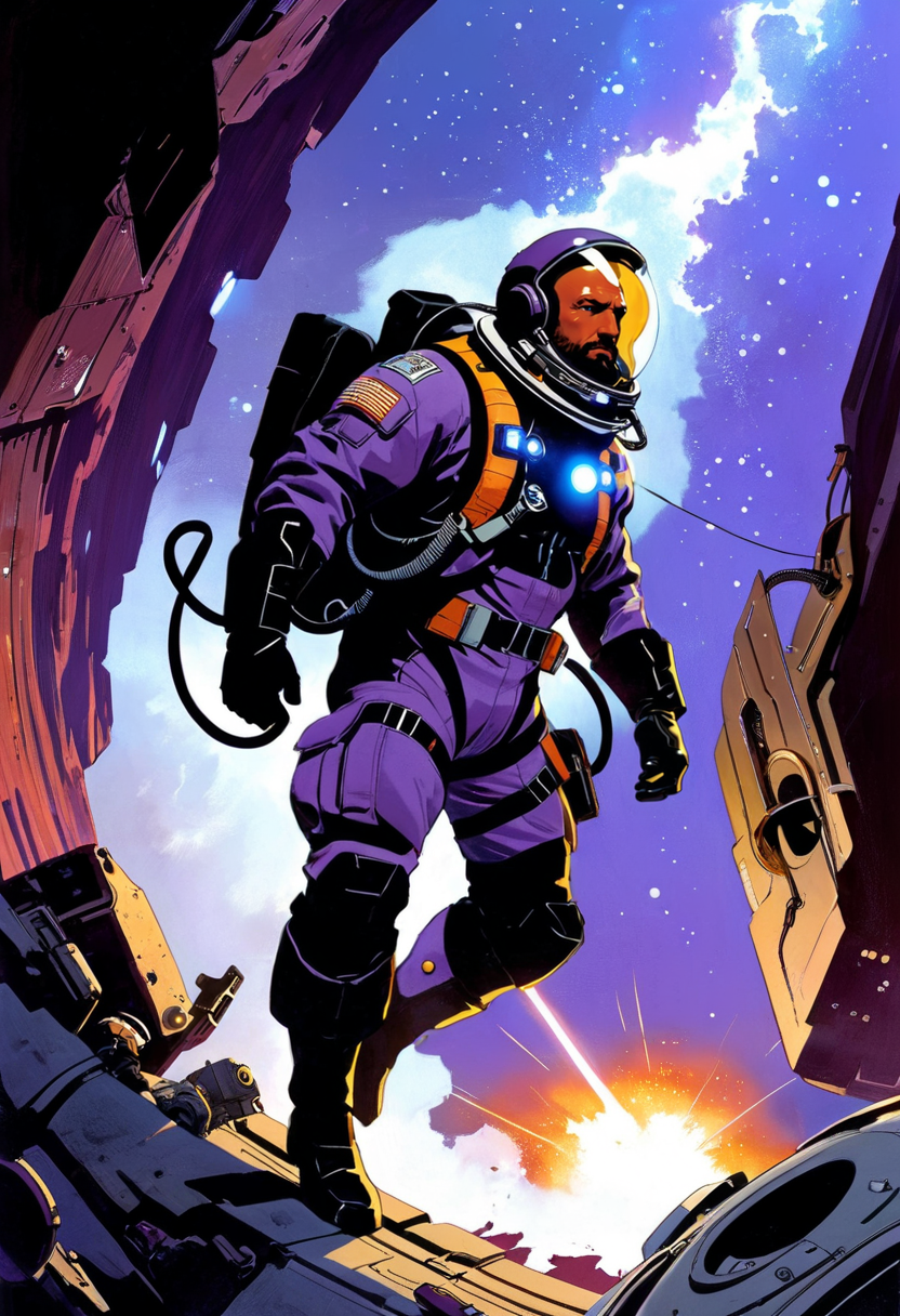 (masterpiece), (best quality), (masterpiece:1.5), Purple space rescue operative, in a rescue suit with advanced life-saving equipment extracting survivors from a crashed spaceship showing courage and selflessness, Movie poster, masterful composition, dynamic volumetric lighting, ray_tracing, reflection,