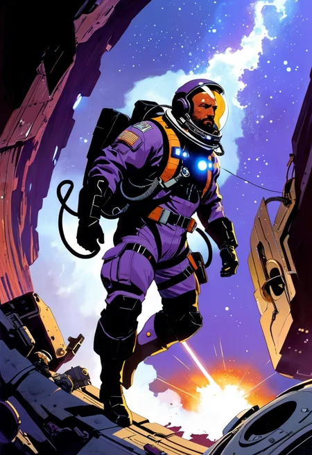 (masterpiece), (best quality), (masterpiece:1.5), Purple space rescue operative, in a rescue suit with advanced life-saving equipment extracting survivors from a crashed spaceship showing courage and selflessness, Movie poster, masterful composition, dynamic volumetric lighting, ray_tracing, reflection,