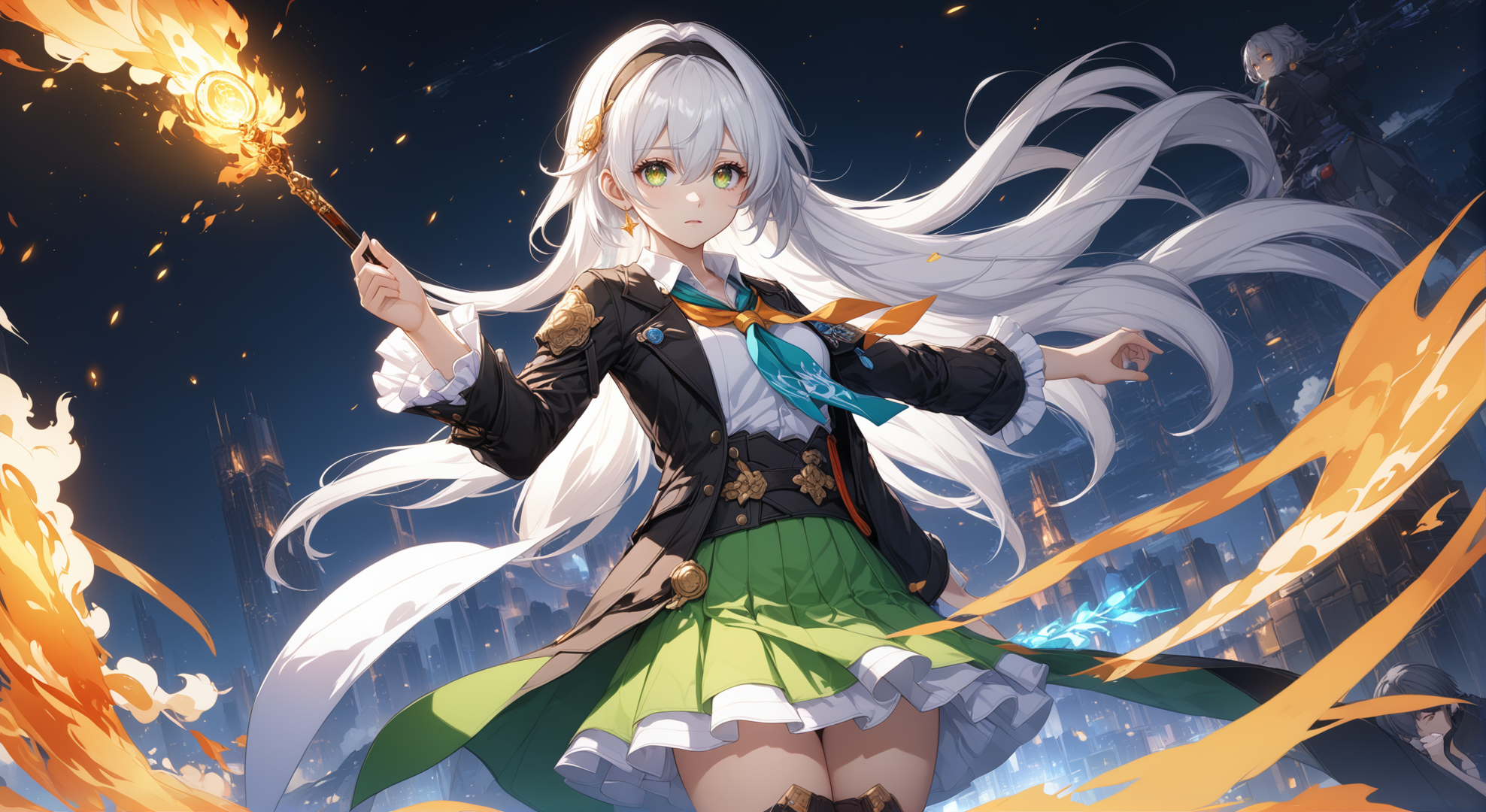 (masterpiece, top quality, best quality, official art, beautiful and aesthetic:1.2)
white_shirt,shirt,thighhighs,green_thighhighs,sparkle,looking_at_viewer,highres,covering_own_mouth,jacket,aqua_eyes,hypermin,green_skirt,honkai:_star_rail,hairband,black_jacket,frills,long_sleeves,firefly_\(honkai:_star_rail\),sam_\(honkai:_star_rail\),long_hair,two-tone_eyes,frilled_sleeves,yellow_eyes,henshin_pose,honkai_\(series\),black_hairband,cowboy_shot,1girl,neckerchief,holding,orange_neckerchief,skirt,fire,white_hair
highres, ultra high res, 4k, 8k, intricate detail, cinematic lighting, amazing quality, wallpaper <lora:aesthetic_anime_v1s:1.2>  <lora:fiasco_A1:1>