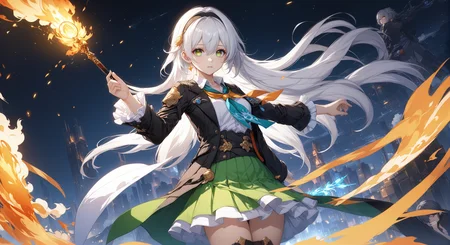 (masterpiece, top quality, best quality, official art, beautiful and aesthetic:1.2)
white_shirt,shirt,thighhighs,green_thighhighs,sparkle,looking_at_viewer,highres,covering_own_mouth,jacket,aqua_eyes,hypermin,green_skirt,honkai:_star_rail,hairband,black_jacket,frills,long_sleeves,firefly_\(honkai:_star_rail\),sam_\(honkai:_star_rail\),long_hair,two-tone_eyes,frilled_sleeves,yellow_eyes,henshin_pose,honkai_\(series\),black_hairband,cowboy_shot,1girl,neckerchief,holding,orange_neckerchief,skirt,fire,white_hair
highres, ultra high res, 4k, 8k, intricate detail, cinematic lighting, amazing quality, wallpaper <lora:aesthetic_anime_v1s:1.2> <lora:fiasco_A1:1>