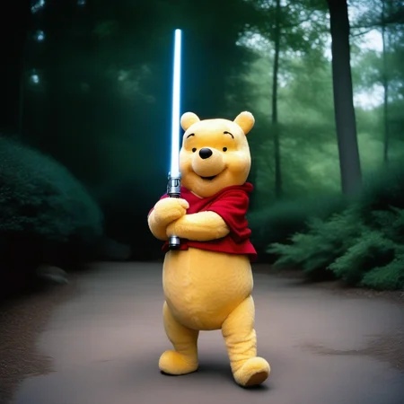 analog film photo liveaction winnie the pooh is a jedi master with a lightsaber, starwars <lora:Winnie1024:0.8> . faded film, desaturated, 35mm photo, grainy, vignette, vintage, Kodachrome, Lomography, stained, highly detailed, found footage