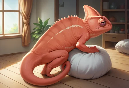 score_9, score_8_up, score_7_up, source_anime, Chameleon, lizard, back spikes, feral, scales, indoors, <lora:ChamChameleonPonyXL:1.0>