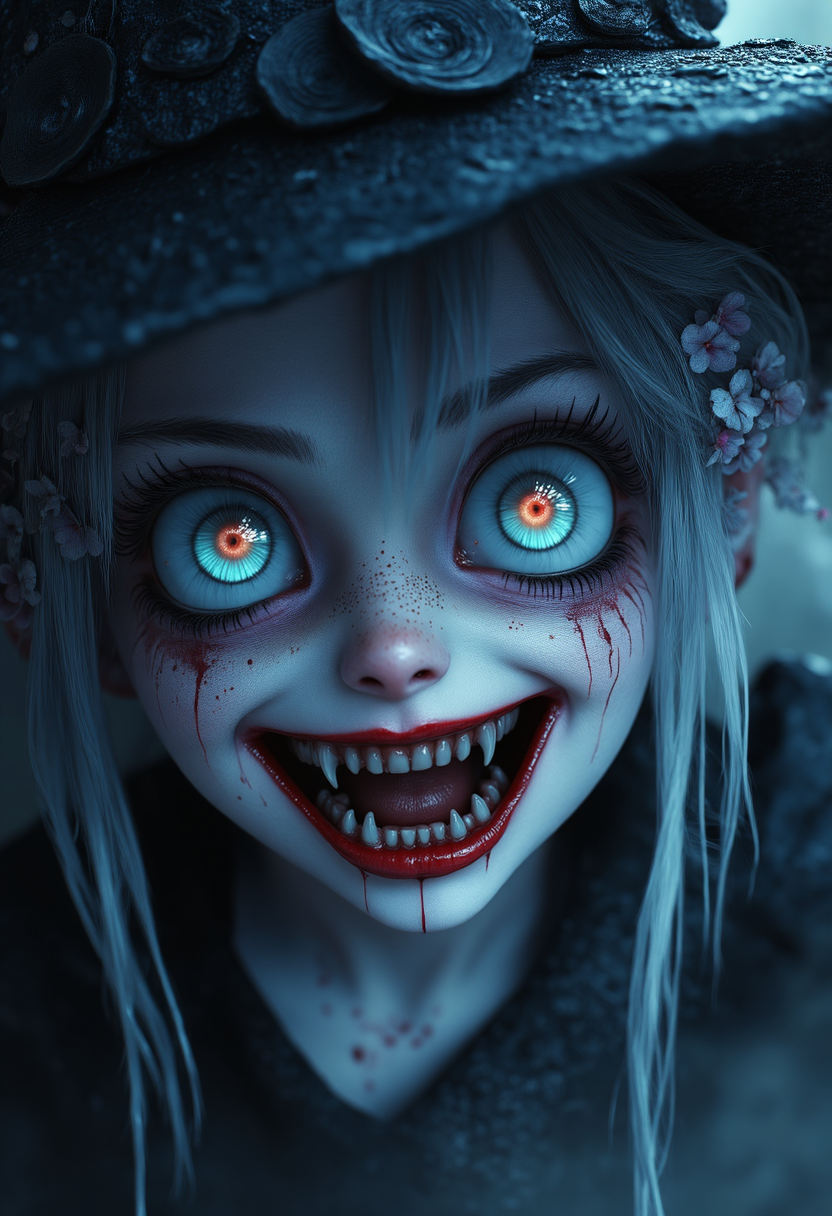 breath-taking image of  a crazy terrifying witch, yet oddly captivating and alluring face, blending elements of horror with an attractive exaggerated anime-like style. The characterâs skin is pale, almost ghostly. glowing, hypnotic iris that contrasts starkly against her other eye, , giving her a disturbing, lopsided appearance. Her mouth is stretched into an unnerving, wide grin, revealing sharp, exaggerated fangs . Her lips are crazily smeared with bright red lipstick, intensifying the eerie expression, adding to the grotesque scene.
The characterâs hair is messy and adorned with  small flowers, enhancing her corrupted, otherworldly nature. She wears a witches hat , lending her a regal but nightmarish aura. The overall vibe is a mix of horror, dark fantasy, and anime influences, combining detailed grotesque elements with the exaggerated features typical of anime characters.
she crafts a potions over a very large  boiling cauldron placed on the ground. she   wears a witches robe inside a highly detailed dark witches hut
highly detailed dark nightmarish night time background detailed skin texture, subsurface scattering award-winning, professional, highly detailed  skin and makeup. dreamlike, mysterious, provocative, symbolic, intricate, detailed <lora:aidmaMJ6.1:1> aidmamj6
