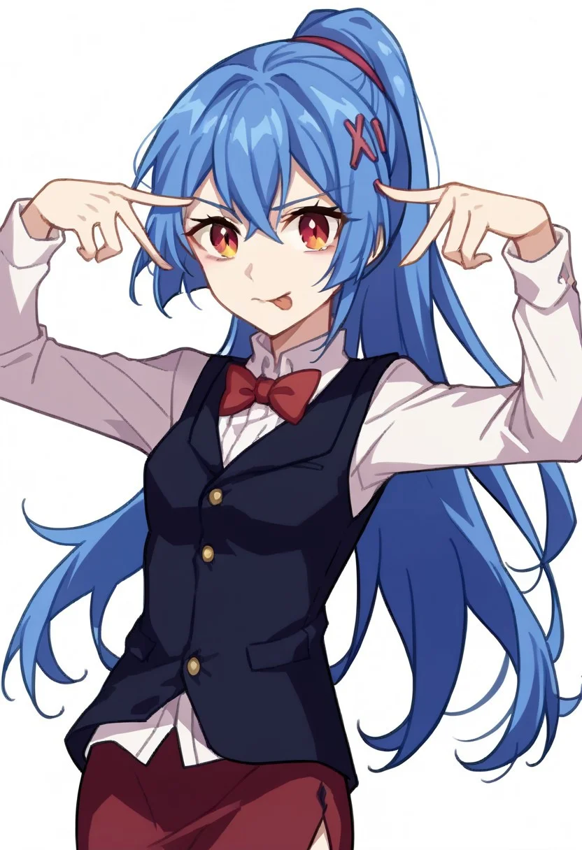source_anime, score_9, score_8_up, rating_questionable.
Edison.
Edi_Stigmata, long hair, blue hair, ponytail, pencil skirt, black vest, collared shirt, long sleeves, white shirt, red bowtie, x hair ornament, mini skirt.
esmile, closed mouth, white background , simple background,
aihoshinopose, double v, tongue out
