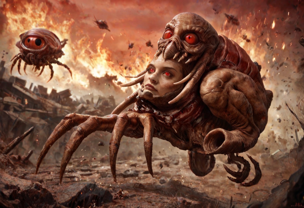 score_9, score_8_up, score_7_up, realistic, kimkoh, bug monster, red eyes, no humans, alien, claw, mask face, expressionless, action movie, war, jumping, on air, explosions, giant kaiju, skyscrapers, fire, destroyed city, red sky, running crowd