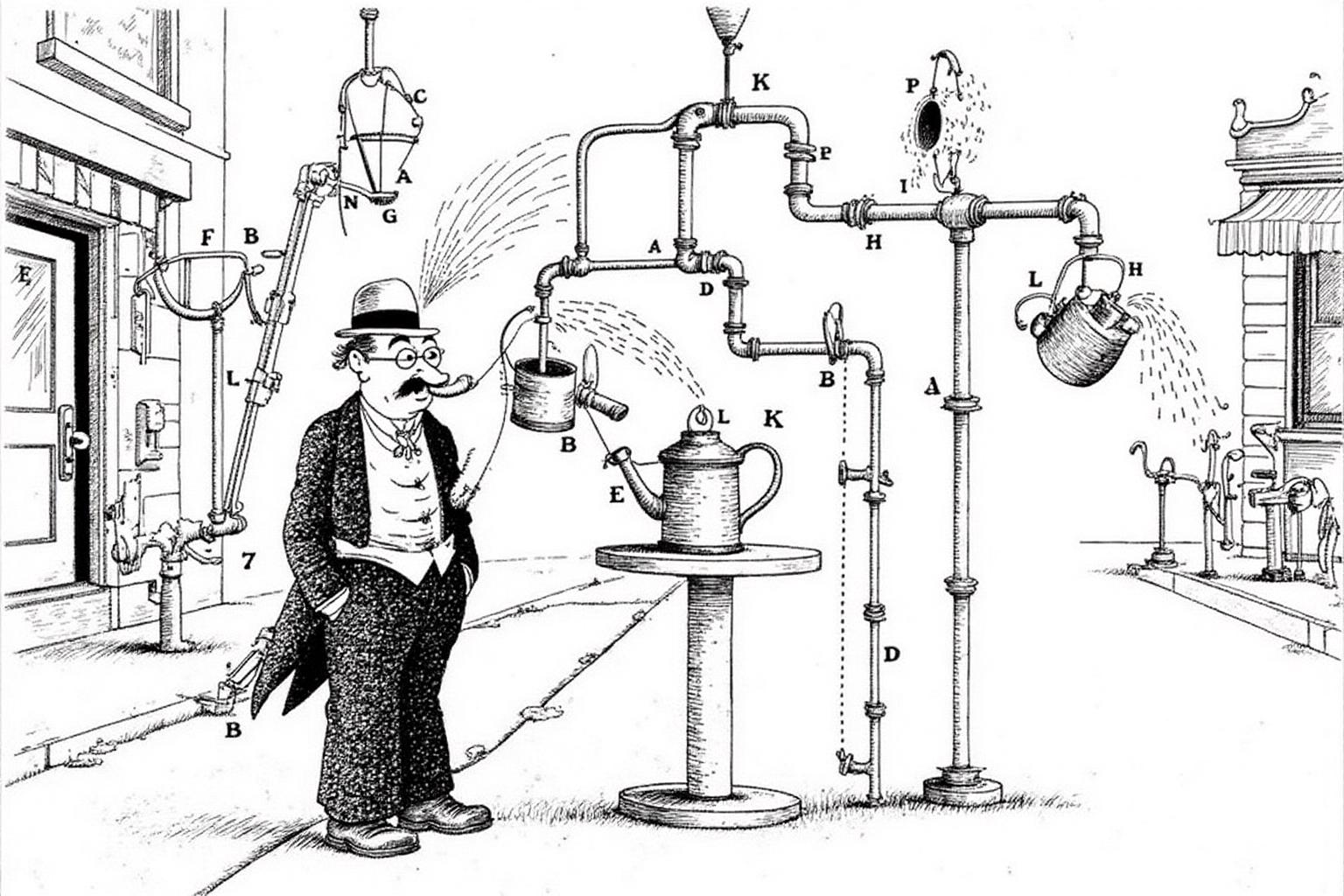 rugo1 illustration. 
The scene depicts a man in a Victorian-era suit and bowler hat, with a mustache and glasses, standing in a city street. Behind him is a complex machine connected by pipes, with a watering can spraying water on the man.
 <lora:rugo1_cap_d6a3e11:1.0><lora:828774653704154669:0>