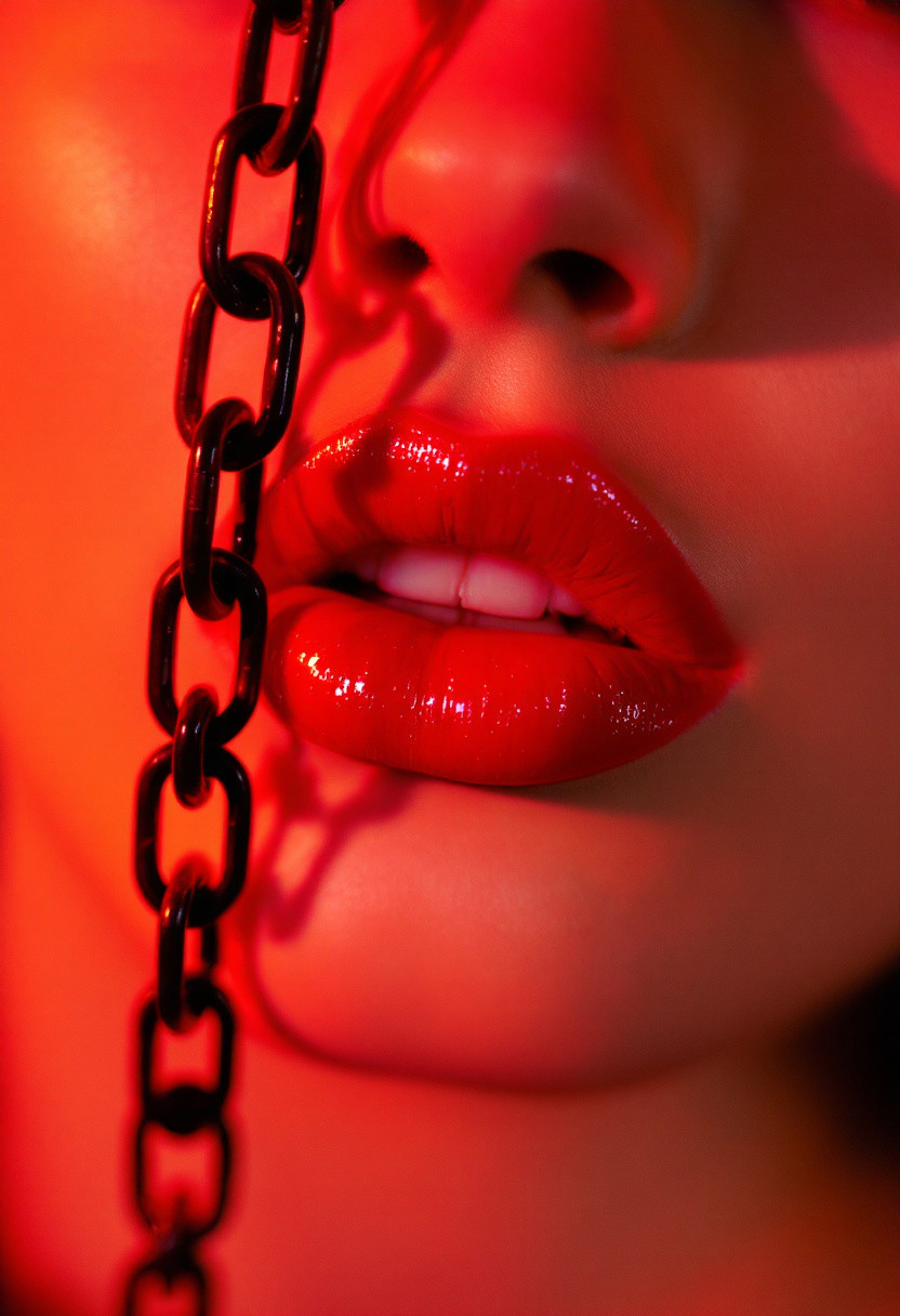 Image is a close-up, high-contrast photograph focusing on the lower half of a person's face. The subject has fair skin with a smooth texture, and the lips are prominently featured, coated in a glossy, vibrant red lipstick that reflects light. The lighting is dramatic, with a strong red hue casting over the entire image, creating a bold and intense atmosphere. A black chain is draped across the left side of the image, adding a contrasting texture and color to the composition. The overall style is edgy and artistic, emphasizing the interplay of light, color, and texture.
