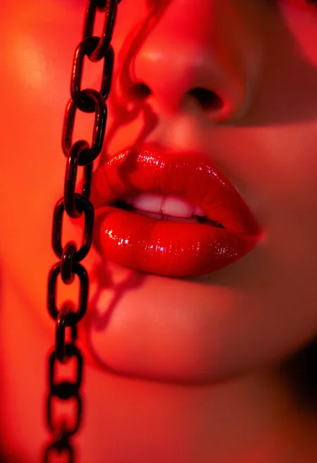 Image is a close-up, high-contrast photograph focusing on the lower half of a person's face. The subject has fair skin with a smooth texture, and the lips are prominently featured, coated in a glossy, vibrant red lipstick that reflects light. The lighting is dramatic, with a strong red hue casting over the entire image, creating a bold and intense atmosphere. A black chain is draped across the left side of the image, adding a contrasting texture and color to the composition. The overall style is edgy and artistic, emphasizing the interplay of light, color, and texture.