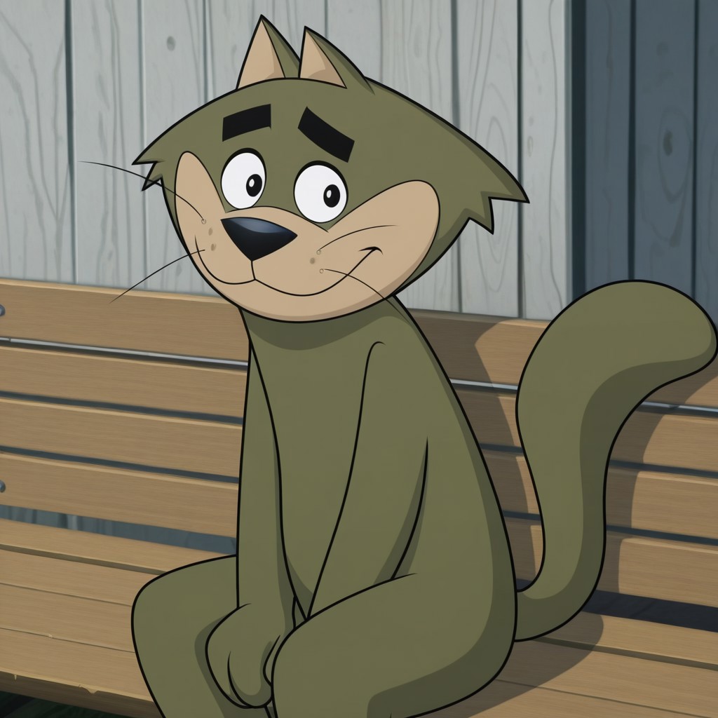 2d, 2d (artwork), 1boy, solo, TCSpook, feline, cat, male, olive green fur, olive green body, black nose, whiskers, beige muzzle, black eyebrows, thick eyebrows, freckles, black eyes, tail, ((topless, nude))
BREAK sitting on bench, smile, looking at viewer, outside, happy
BREAK best quality, amazing quality, very aesthetic, absurdres, newest, masterpiece
