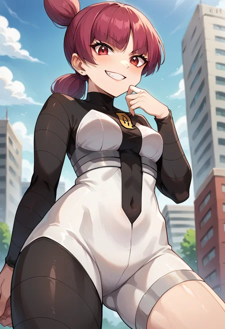 score_9, score_8_up, score_7_up, source_anime, masterpiece, 1girl, ct_jup1t3r, red eyes, bodysuit, asymmetrical legwear, logo, underbust, from below, evil grin, hand on chin,looking at viewer, outdoors, city, depth of field, <lora:Jupiter_pokemon_ct:1>, rating_safe,
