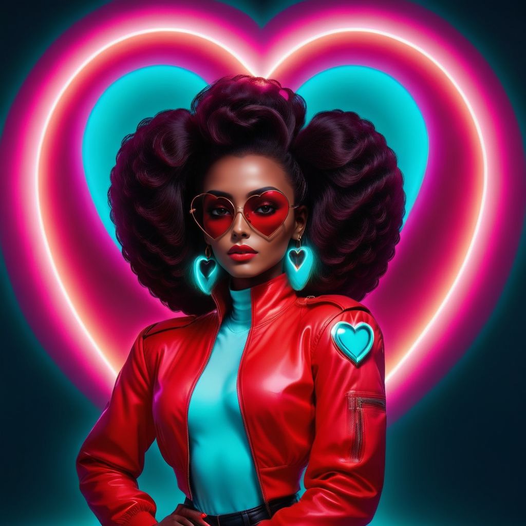 glamorous photo  <lora:NeonHeartv4:0.8> Neon Heart, dark skin women with poofy hair . high fashion, luxurious, extravagant, stylish, sensual, opulent, elegance, stunning beauty, professional, high contrast, detailed