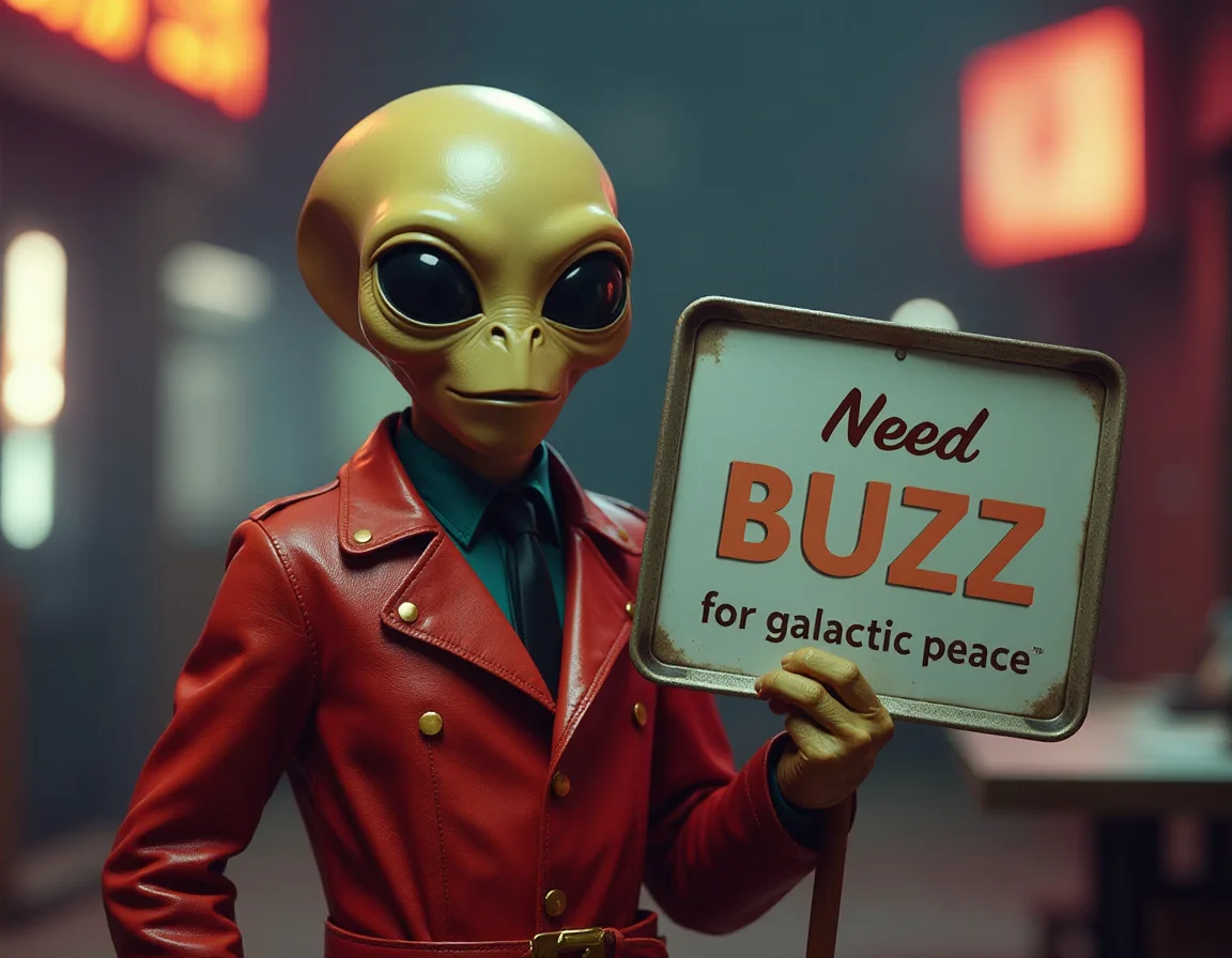 cinematic film still retro-futuristic alien holding sign it say " need buzz for galactic peace  "  . vintage sci-fi, 50s and 60s style, atomic age, vibrant, highly detailed . shallow depth of field, vignette, highly detailed, high budget, bokeh, cinemascope, moody, epic, gorgeous, film grain, grainy
