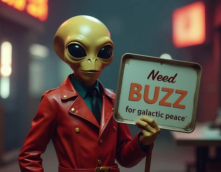 cinematic film still retro-futuristic alien holding sign it say " need buzz for galactic peace  "  . vintage sci-fi, 50s and 60s style, atomic age, vibrant, highly detailed . shallow depth of field, vignette, highly detailed, high budget, bokeh, cinemascope, moody, epic, gorgeous, film grain, grainy