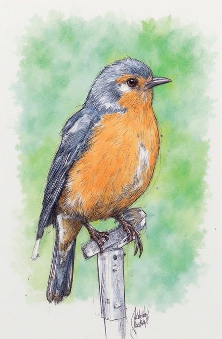 Sharp image of a rough sketch, rendered in vibrant multi colour ballpoint pen, capturing the adorable features of a portait of a small bird perched on a metal pole. The bird is facing towards the right side of the image and its head is turned slightly to the left. It has an orange breast and a grey back and wings. Its beak is black and it appears to be looking off into the distance. The background is blurred, but it seems to be a garden or wooded area with green foliage. p3nsk, <lora:p3nsk:1>