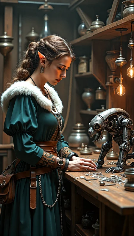 female tinkerer building an elaborate robot in an elven laboratory, medieval garments,intricate details, embedding:EZRealPONYXL,