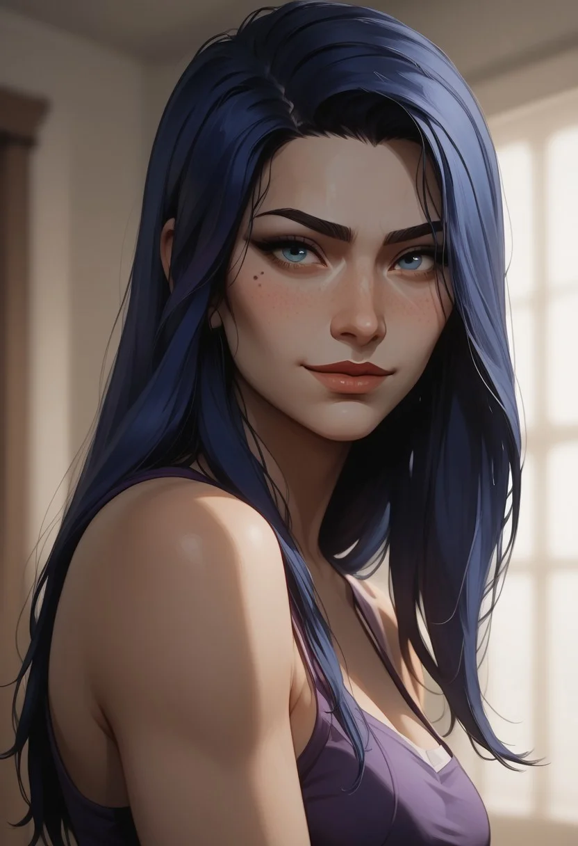 score_9, score_8_up, score_7_up, score_6_up, 1 girl , kawaii girl, freckles, sexy, blushing, petite, slim, smiling, soles, portrait, bedroom, detailed drawing, partially illuminated, blurry background, face focus, slightly angled view, looking at viewer, s1_dram, watercolor \(medium\), traditional media, caitlyn league of legends, blue eyes, dark blue hair, smooth hair,