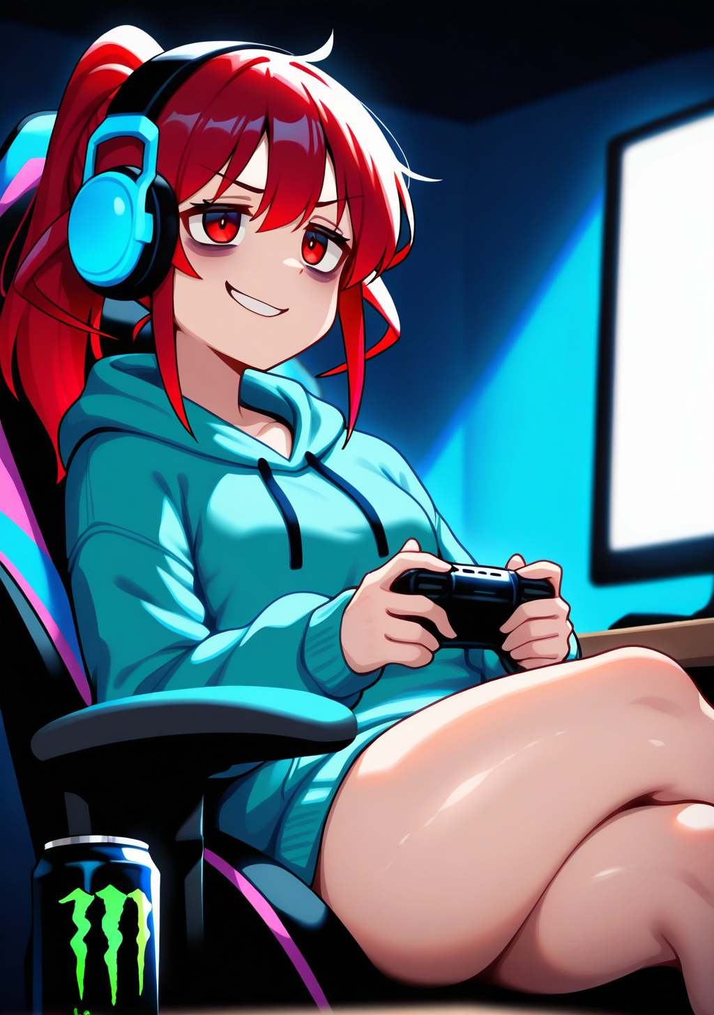 masterpiece, best quality, absurdres, perfect lighting,shiny skin,<lora:spo_sdxl_10ep_4k-data_lora_webui:0.7>,1girl,hiroe,red hair,ponytail,bangs,red eyes,tareme,<lora:hiroe_illu:0.9>,hoodie,casual,depth of field,sitting, crossed legs, gaming chair, computer,desk,dirtyroom,dimlight,playing games, headphones, smirk, monster energy, bags under eyes