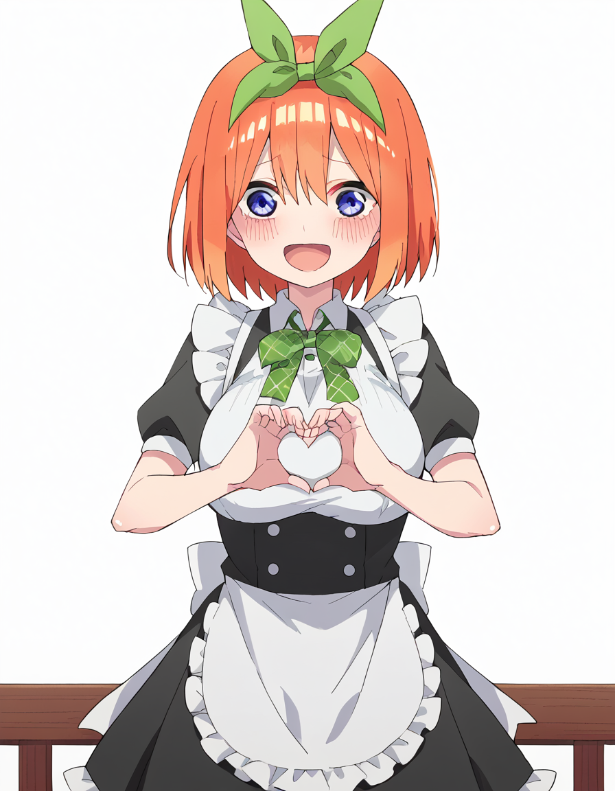 score_9, score_8_up, score_7_up, source_anime, <lora:yotsuba-nakano-s2-ponyxl-lora-nochekaiser:1>, yotsuba nakano, bangs, short hair, blue eyes, hair between eyes, hair ribbon, hairband, orange hair, green ribbon, large breasts,, <lora:moe-moe-kyun-ponyxl-lora-nochekaiser:1> heart-shaped boob challenge, moe moe kyun! heart hands, enmaided, maid, maid headdress, apron, maid apron, ,, open mouth, blush, embarrassed, clsoed eyes, smile,, cowboy shot