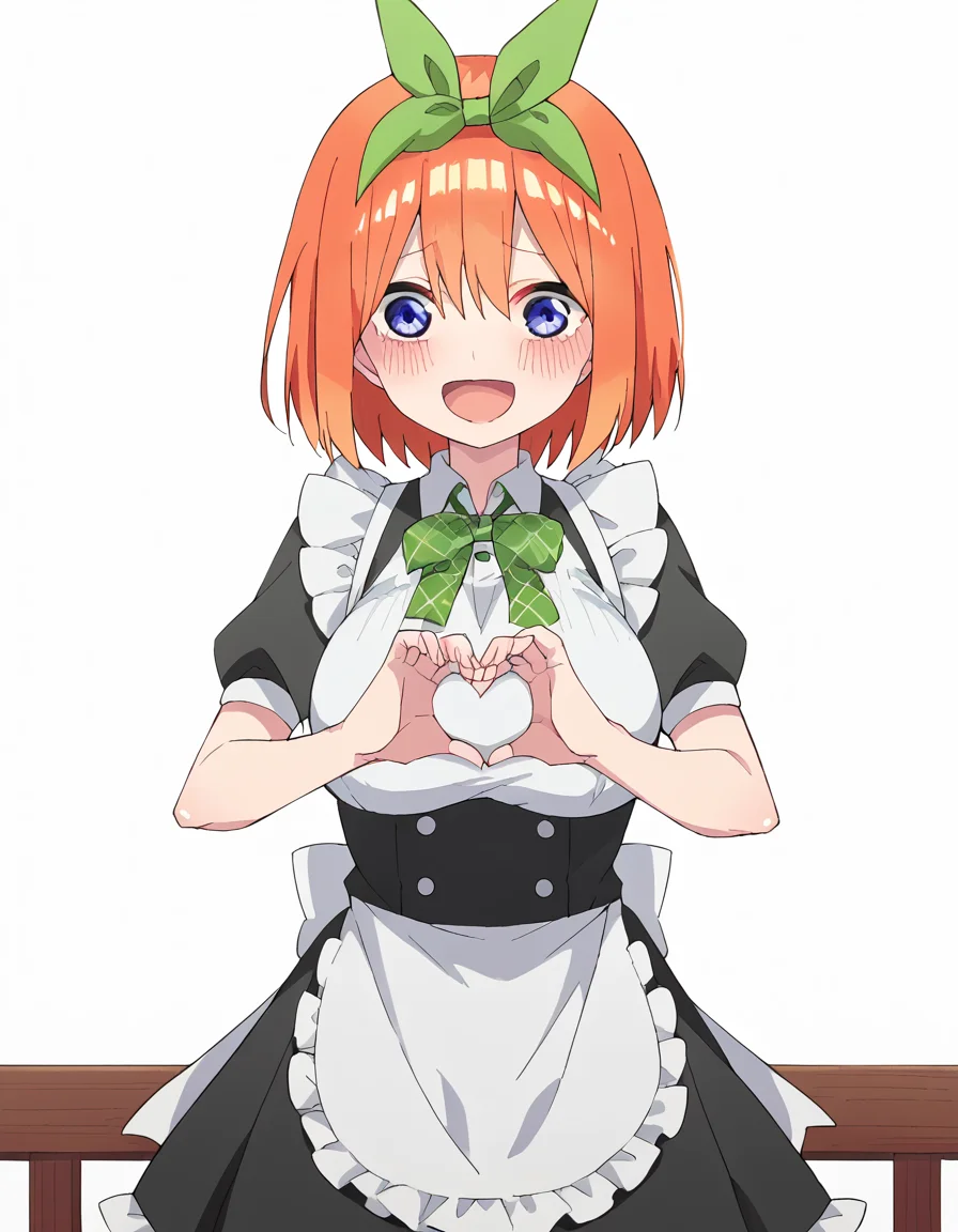 score_9, score_8_up, score_7_up, source_anime, <lora:yotsuba-nakano-s2-ponyxl-lora-nochekaiser:1>, yotsuba nakano, bangs, short hair, blue eyes, hair between eyes, hair ribbon, hairband, orange hair, green ribbon, large breasts,, <lora:moe-moe-kyun-ponyxl-lora-nochekaiser:1> heart-shaped boob challenge, moe moe kyun! heart hands, enmaided, maid, maid headdress, apron, maid apron, ,, open mouth, blush, embarrassed, clsoed eyes, smile,, cowboy shot