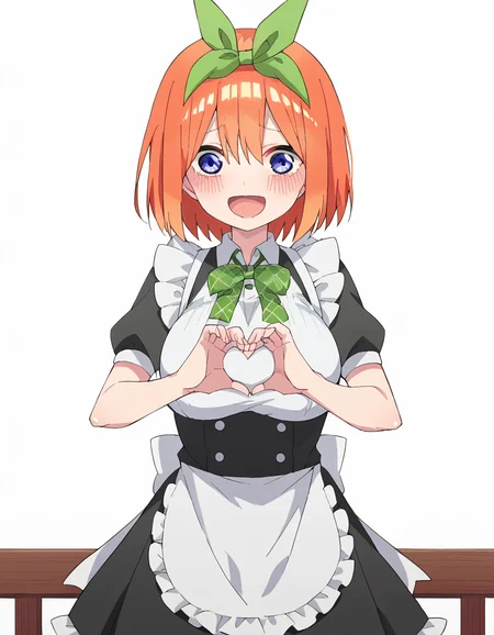 score_9, score_8_up, score_7_up, source_anime, <lora:yotsuba-nakano-s2-ponyxl-lora-nochekaiser:1>, yotsuba nakano, bangs, short hair, blue eyes, hair between eyes, hair ribbon, hairband, orange hair, green ribbon, large breasts,, <lora:moe-moe-kyun-ponyxl-lora-nochekaiser:1> heart-shaped boob challenge, moe moe kyun! heart hands, enmaided, maid, maid headdress, apron, maid apron, ,, open mouth, blush, embarrassed, clsoed eyes, smile,, cowboy shot