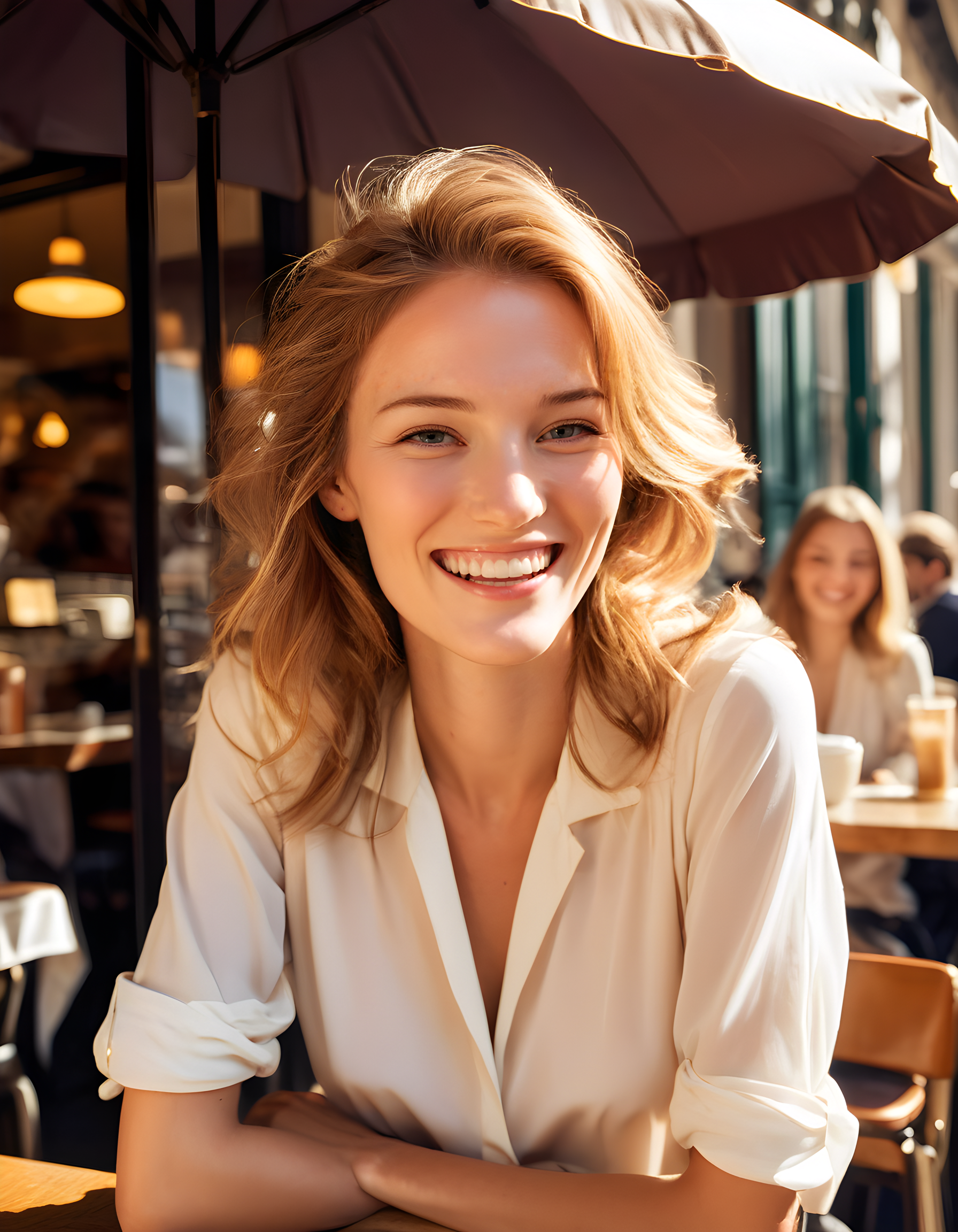 A5HL3YH, In the heart of a bustling Parisian café, under the warm glow of a sunlit terrace umbrella, a radiant woman with a cascade of golden hair and deep brown highlights sits alone. Her eyes sparkle with joy as she flashes a wide, toothy grin, revealing her perfectly aligned pearly whites. She is dressed in a chic off-white blouse that complements her sun-kissed complexion, her arms resting comfortably on the worn wooden tabletop. The café's vibrant interior _ with its vintage posters, eclectic furniture, and aroma of freshly brewed coffee _ forms a charming backdrop to this captivating moment. The camera angle is slightly elevated, capturing her from the waist up, creating an intimate and engaging portrait that invites viewers into her joyful world.