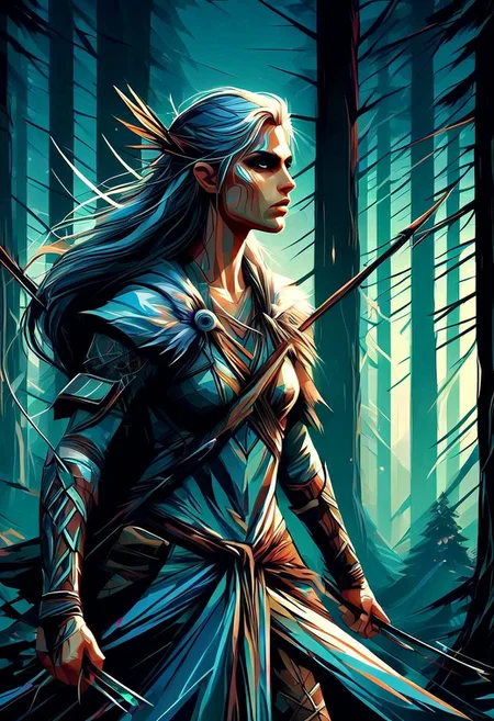 A graceful forest elf with long silver hair stands among ancient trees with glowing runes. Moonlight, mist, enchanted forest, bow and arrows, ethereal glow, extreme close-up, portrait.