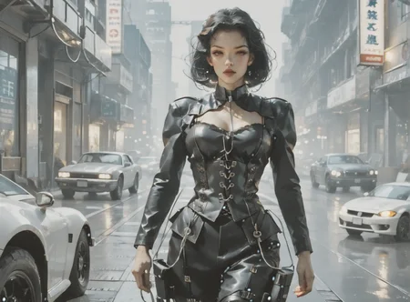 score_9, score_8_up, score_7_up, setting focus, character in foreground, establishing shot, woman, pale skin, large breasts, <lora:sm0k3XLP:1>, <lora:goth_clothes:1>, lace-up cords, corset, black combat boots, Black hair, white highlights, <lora:Always_In_Flux_Style:1>, <lora:0779 science fiction world_v1_pony:1> ruanyi0779, science fiction, neon lights, cable, industrial pipe,
