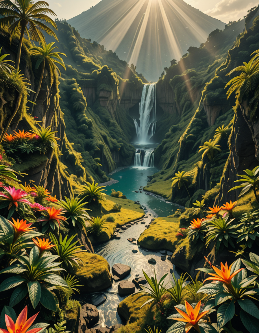 A breathtaking view of an ancient, dormant volcano now transformed into a lush, vibrant natural sanctuary. The crater is filled with dense tropical forests, colorful exotic flowers, cascading waterfalls, and mist swirling gently in the morning light. Vines and moss cover the dark volcanic rocks, and small streams wind down the slopes. while rays of sunlight pierce through the dense canopy, creating sparkling reflections on the water. The atmosphere feels peaceful, enchanted, and untouched by humans. The scene is depicted in an ultra-detailed, hyper-realistic style, with warm, soft lighting and rich, saturated colors that enhance the magical and serene mood of the landscape.
<lora:SDXLFaeTastic2400:0.4> <lora:extremely_detailed:0.4> extremely detailed,dormant v0lc4n0, <lora:dormant_v0lc4n0-i:1>, Masterpiece,best quality,hi res,8k,hi res,8k,award winning,(sharp focus, intricate, highly detailed),