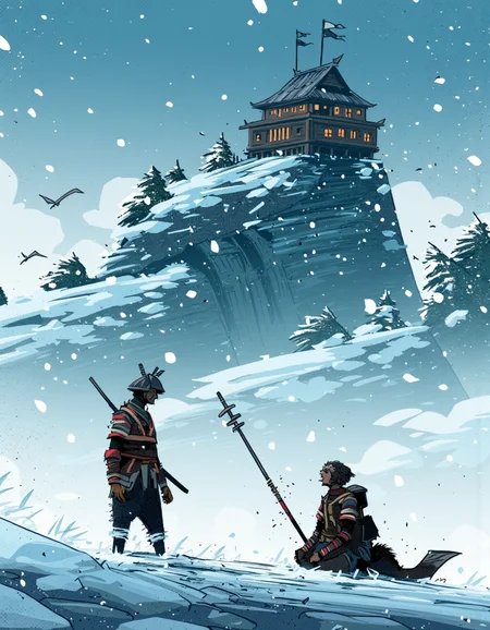 By Alex Vede. A digital illustration shoot from the side about a snowy landscape with a tall wooden tower in the background, surrounded by snowflakes and a snowy mountain. the image also shows two silhouetted figures, a man and a woman, standing in the foreground. on the left side of the image, the man appears to be a samurai, wearing traditional japanese armor and holding a sword, with a serious expression, while on the right side, the woman is a wolf, also wearing a similar armor. they are facing away from the viewer, with the man's face hidden from view. the man is holding a spear and the woman's face is obscured by the snow. the building behind them is a tall, wooden structure with a pointed roof and multiple windows, lit by warm, orange-lit lights. the scene is set against a blue sky with a few birds flying in the air, and the overall atmosphere is cold and snowy.
solo, 2boys, outdoors, sky, cloud, weapon, sword, blue sky, animal, cloud-shaped pupils, holding weapon, tree, flag, snow, building, animal focus, cloudy sky, snowing, building structure
camera_angle: from side, art_style: digital illustration, location: snowy mountain, background: A large wooden tower towering over a snow-covered mountain, with flags on the top, text: NA, image_composition: left;right, clothing: traditional Japanese armor;snow-covered building with multiple windows;sitting, hair_color: NA;NA, distance_to_camera: full body;full body;close up;full figure, facial_expression: serious;full, action: standing;walking, accessory: sword;shimada, pants: none;full outfit, eye_direction: looking at viewer;looking ahead, race: light skin;dark skin, shoes: none, ear: no human;no human, body: slim;slim