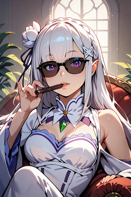 1girl, solo, emilia \(re:zero\), upper body, looking at viewer, smoking cigar, looking over eyewear, sunglasses, chaise longue, indoors, sidelighting, dark, masterpiece, best quality, very aesthetic, absurdres, re:zero kara hajimeru isekai seikatsu