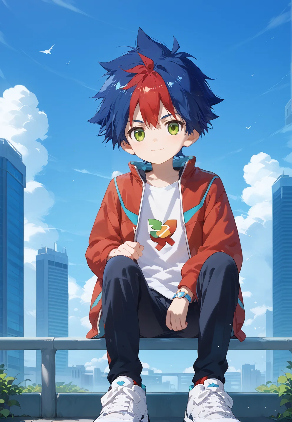 <lora:nai3:0.7>,score_9,score_8_up,score_7_up,score_6_up,score_5_up,score_4_up,source_anime,score_9,score_8_up,score_7_up,source_anime,rating_safe BREAK <lora:StS_age_slider_v1_initial_release:-3>,naistyle,1boy,score_9,score_8_up,score_7_up,source_anime,highly detailed,
Tenryu,1boy,male focus,solo,blue hair,green eyes,multicolored hair,jacket,red hair,red jacket,
looking at viewer,shoes,two-tone hair,shirt,sneakers,spiked hair,pants,
outdoor,sky,building,day,clouds,sit,posing for a photo,smile,<lora:Light_Tenryu:0.8>,