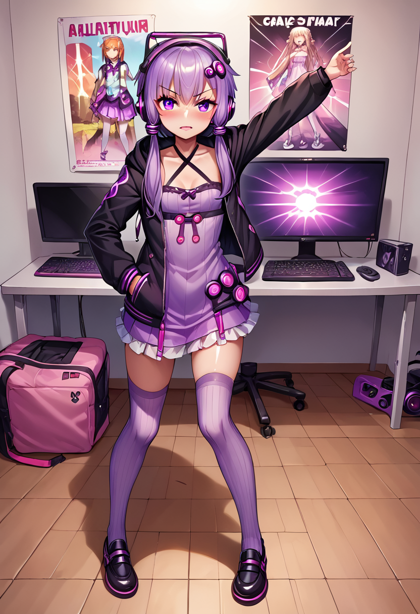 score_9, score_8_up, score_7_up, source_anime, BREAK
<lora:YuzukiYukari_MMD_V1:0.9> yuzuki yukari, purple eyes, small breasts,  
short hair with long locks, purple hair, hair ornament,
black criss-cross halter, purple dress, purple thighhighs, black jacket, hooded jacket, long sleeves, 
((Streamer room, gaming chair, gaming PC, game equipment, controller, TV monitor, PC monitor, headphones, headset, anime poster, game poster,,))
1girl,  ((full body)),from above,, look at viewer,, stretching,
blush, a little angry,,