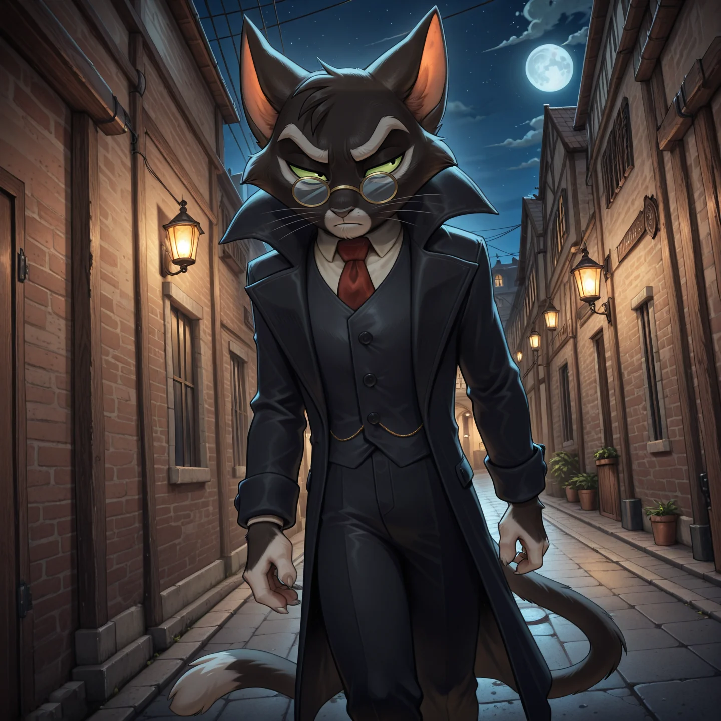 solo, anthro, male, male focus, mordecai heller, lackadaisy, glasses, black vest, black pants, black coat, lackadaisy, serious, street, night, moon, dark, walking, dynamic angle, BREAK masterpiece, best quality, amazing quality, very aesthetic, high resolution, ultra-detailed, absurd res, newest, scenery, <lora:MordecaiIL:1>