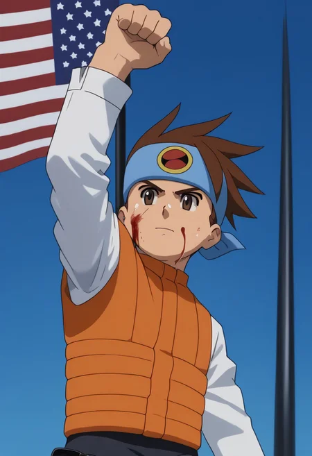 score_9,  score_7_up, BREAK,
1boy, male focus, solo, lan hikari, brown hair, brown eyes, headband, orange vest, white shirt, 
<lora:assassinationattemptv1:1>, assassinationattempt, american flag, flag, 1boy, blue sky, arm up, clenched hand, (blood on face), solo, pole,