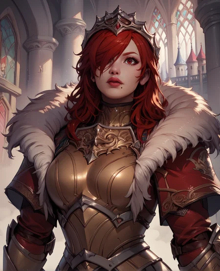 score_9,score_8_up,score_7_up,
hildexl,red hair,lips,hair over one eye,red eyes,mole under mouth,
armor,gauntlets,fur trim,breastplate,thighhighs,red coat,head crown,
upper body,standing,
european castle,
<lora:HildeSC6XL-10:0.8>,